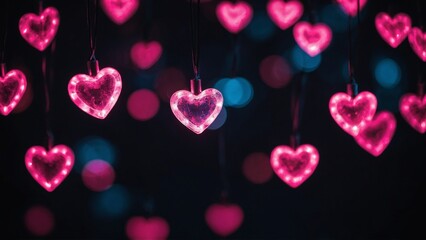 Glowing pink heart shaped neon glow string lights bokeh on black background