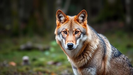 Realistic image of a wolf standing in a forest setting, showcasing its majestic fur and intense gaze, wildlife photography, woodland, nature