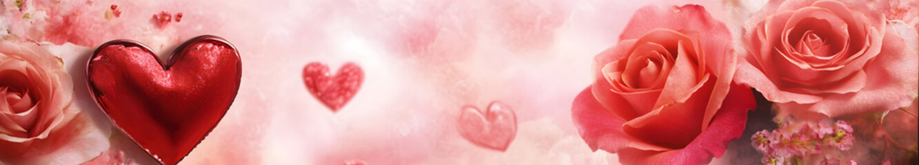 Red Hearts and Roses on a Pink Background, Romantic Valentine's Day Banner Design
