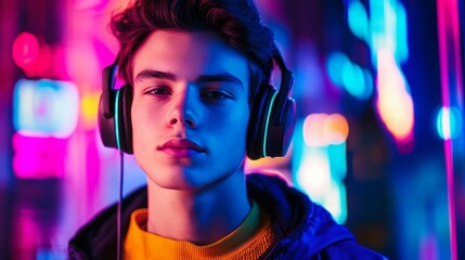 Young man in headphones, neon lights background.