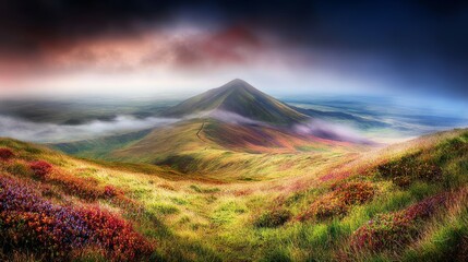 Fototapeta premium Serene Mountain Vista Autumnal Hues Misty Landscape