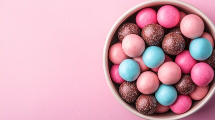 Colorful candy coated chocolate balls in a bowl on pink background.