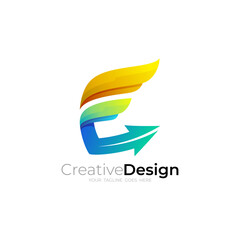 E logo and arrow design combination, 3d colorful style