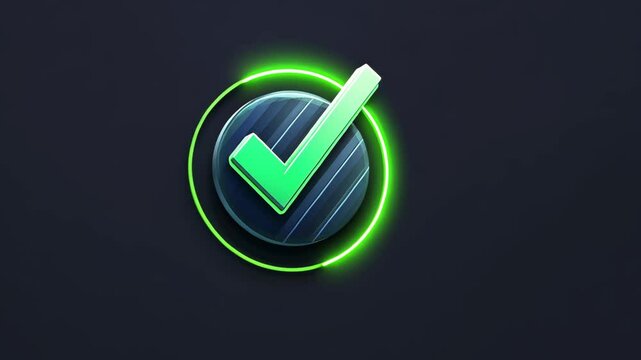 Check mark symbol with glowing green outline on dark background indicating success and completion of a task or process