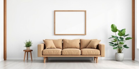 Square wooden frame mock up with sofa, green plants, and white wall in modern living room interior, showcasing minimalistic design and natural elements, wooden, stock photo, modern