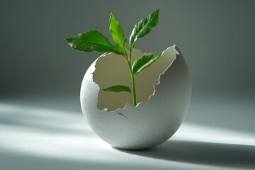 Small plant growing inside a cracked white eggshell