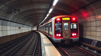 Subway underground tunnel with blurry rail tracks and subway train concept of public transport, city, train, public transport