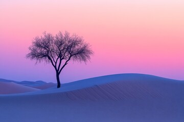 Minimalist lone tree standing in a colorful desert landscape