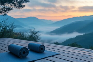 Yoga mats with sunrise view overlooking peaceful mountains