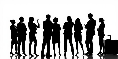 Vector silhouettes of business professionals in a group standing together, isolated on white background, leadership, meeting, black