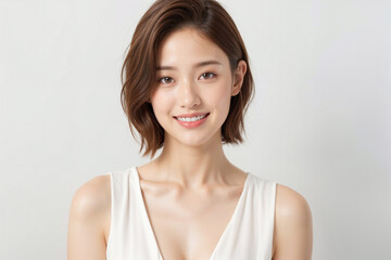 A woman with a short haircut and a white tank top is smiling