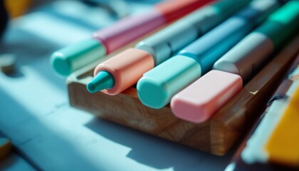 Fototapeta premium Pastel Colored Markers in Wooden Holder: A Close-Up