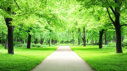 Obraz premium Serene Park Path Lush Green Trees and Pathway