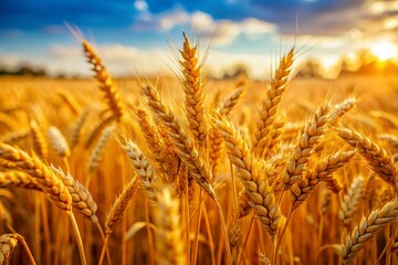 Fototapeta premium Golden Wheat Field Close-up: Ripe Ears of Grain at Harvest Time