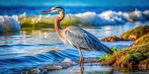 Naklejka premium Heron Fishing in Puget Sound: Captivating Macro Photography of Wildlife, Nature, Shoreline, and Aquatic Life in a Serene Coastal Environment