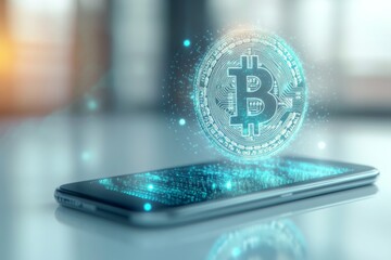 Bitcoin symbol hovering above a glowing smartphone screen