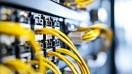 Fototapeta premium Network Server Rack with Yellow Fiber Optic Cables