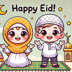 Muslim cartoon little girl and boy saying happy eid