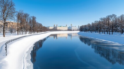 Monument cultural and iconic, A serene winter scene featuring a river bordered by snow-covered banks and trees, reflecting the clear blue sky and distant architecture.