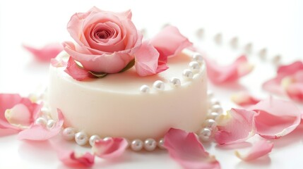 Elegantly decorated cake with pink rose and pearl accents, surrounded by rose petals.