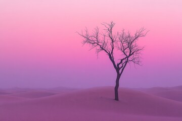 Barren tree in a foggy pink landscape