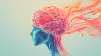 Visual of reverse thinking brain with concepts moving backward abstract creative ideas unconventional flow soft colors minimal background. Riversong. Illustration
