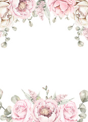 watercolor illustration frame template
 with eucalyptus leaves and roses 