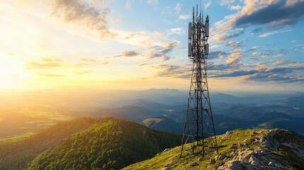 Obraz premium Telecommunication Tower on Mountain Peak at Sunset