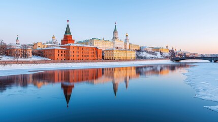 Fototapeta premium Monument cultural and iconic, A serene winter scene featuring a historic cityscape reflected in calm water, with snow and clear skies.