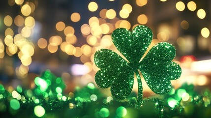 Sparkling green shamrock with glowing lights celebrates st. patrick's day