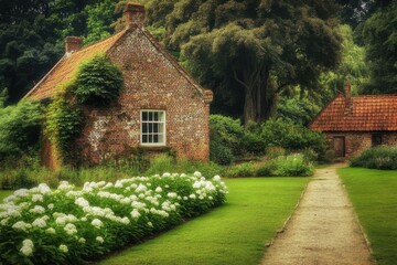 Fototapeta premium Charming rustic cottage nestled in a lush garden with vibrant white flowers and a winding pathway in a serene countryside setting during summer
