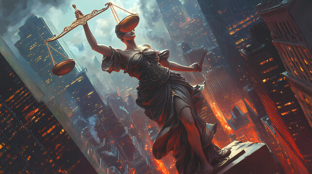 Nemesis brings divine retribution to wall street, her scales of justice tilting skyscrapers and reversing fortunes in a spectacular display of karmic balance. Riversong. Illustration