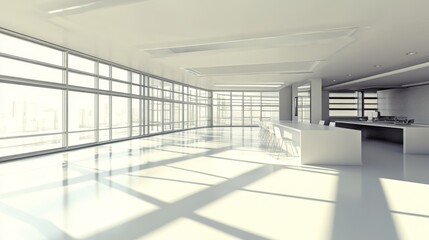 Bright and Modern Open Space Interior with Large Windows and Minimalist Design Featuring a Sleek Kitchen Area and Abundant Natural Light