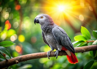 Gray Parrot Red Tail Bokeh Green Background Bird Wildlife Nature Stock Photo