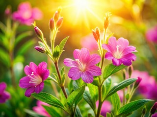 Great Willowherb Close-up: Pink Flowers & Green Leaves in Summer Sunlight