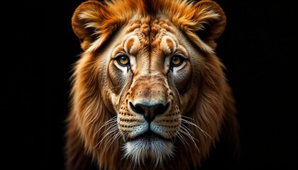 Fototapeta premium Lion featuring a golden mane large piercing eyes isolated on a black background