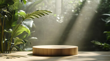 Minimalist wooden pedestal amidst sunlit indoor botanical setting with copy space