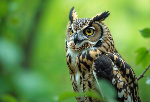 Close-up portrait of a great horned owl with piercing yellow eyes perched on a branch surrounded by soft green foliage