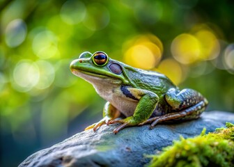 Naklejka premium Green Frog on Smooth Rock, High-Resolution Nature Stock Photo