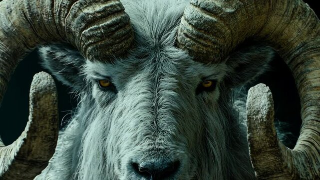 Majestic gray ram with impressive horns staring directly at the viewer in a dark setting