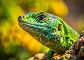 Obraz premium Green Lizard Basking in the Sun - Detailed Reptile Portrait