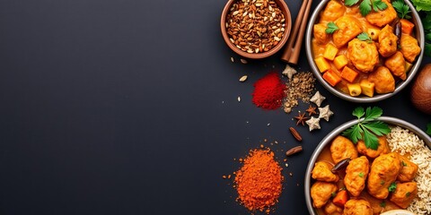 A delicious and flavorful chicken curry dish with a variety of aromatic spices on a dark background, cooking, Indian, spices