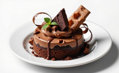 A decadent chocolate mousse cake with a drizzle of rich chocolate ganache and a chocolate bar garnish, resting on a pristine white plate.