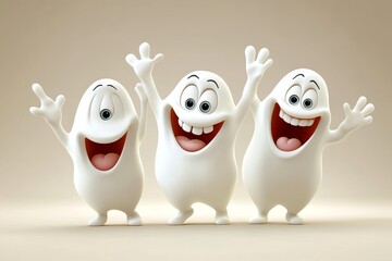 Cheerful cartoon ghosts with happy faces, arms raised in excitement, celebrating together in a playful and friendly atmosphere, perfect for Halloween themes and festive decorations.