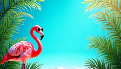 Pink flamingo standing in water surrounded by tropical wildlife
