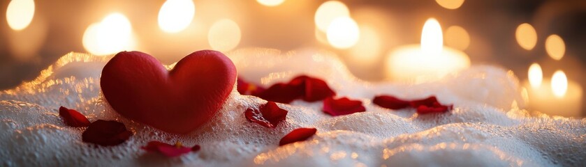 Fototapeta premium Romantic heart symbol surrounded by rose petals and candles for intimate atmosphere.