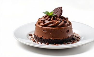 A decadent chocolate mousse cake with a drizzle of rich chocolate ganache and a chocolate bar garnish, resting on a pristine white plate.