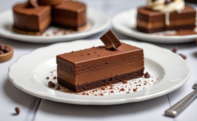 A decadent chocolate mousse cake with a drizzle of rich chocolate ganache and a chocolate bar garnish, resting on a pristine white plate.