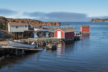 Red fishing stages near Twillingate, Newfoundland and Labrador, Canada.