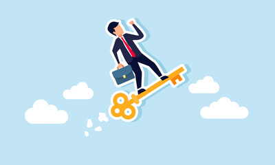 A businessman flies on a key through the sky, illustration of increasing business progress through the right solutions to business problems
